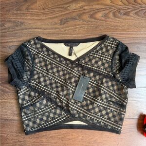BCBGMaxAzria Black and Cream Geometric Lace Crop Top